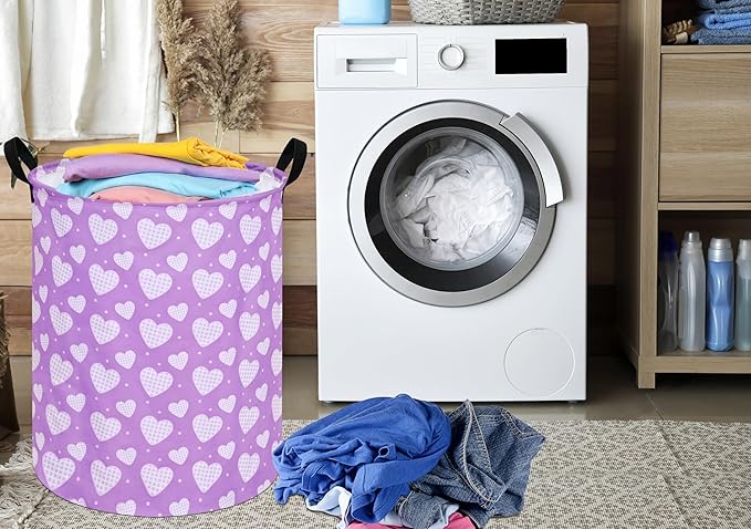 19.7 Inch Round Purple Love Laundry Hamper Laundry Basket Fabric Storage Hamper Organization Basket, Storage Bin, Toy Box,Valentine's Day Gift Basket with Handles for Room