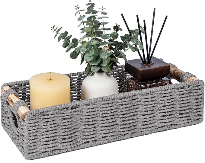 CubesLand Back of Toilet Storage Basket for Organizing w/Cut Out Handle, Handwoven Toilet Tank Top Paper Baskets, Small Wicker Decorative Basket for Countertop, Home, Living Room, Nursery, Grey