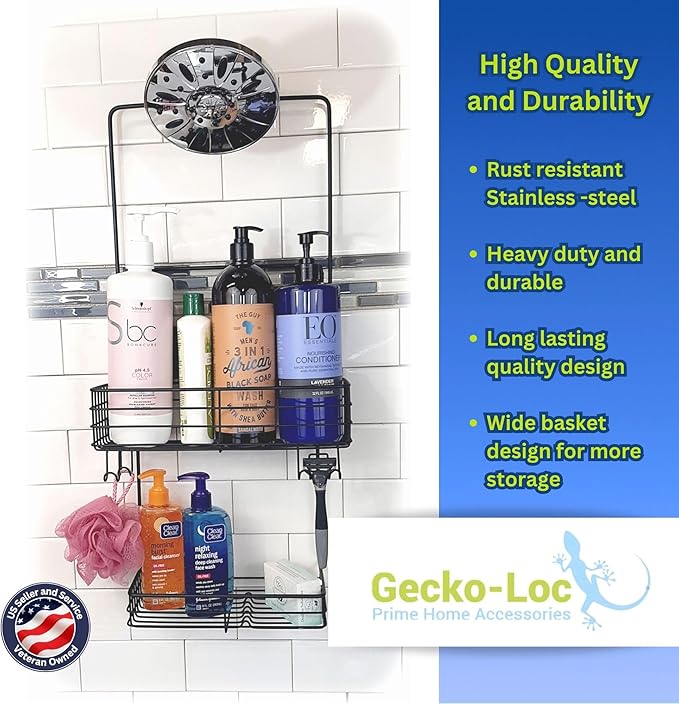 Gecko-Loc Extra Long Wide Adjustable Length over the showerhead hanging shower caddy organizer - for Shampoo, Soap, & Razors - Black