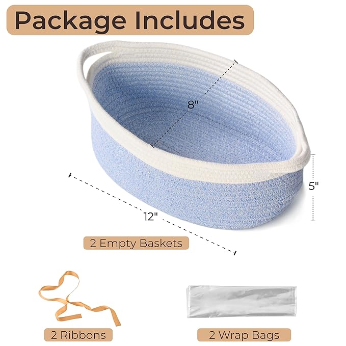 Small Woven Gift Basket Empty with Bag & Ribbon - Gifts for Mom, Baby Shower, Birthdays & Raffle - Cotton Rope Storage Basket for Dog Toys or Shelf - 12"x8"x5", White & Blue, 2 Packs
