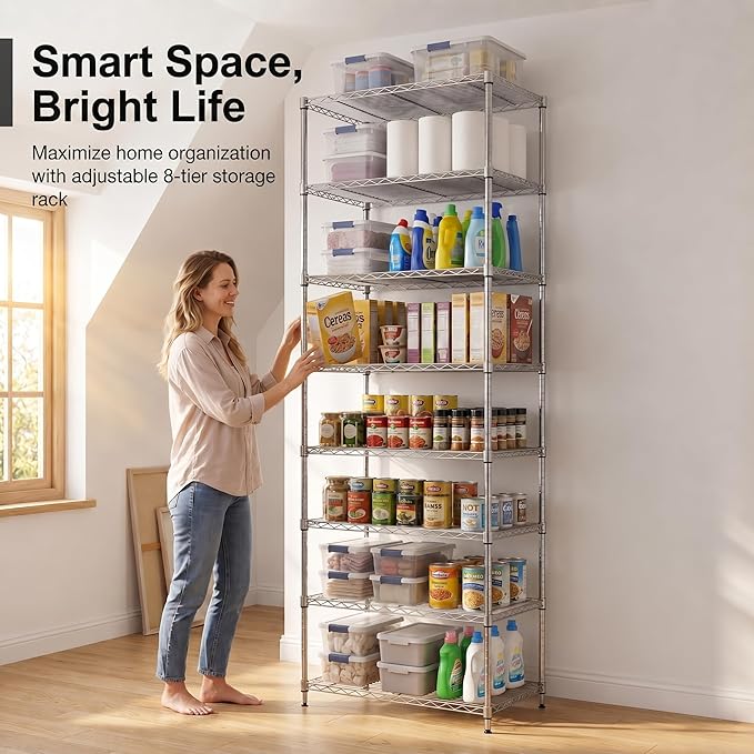 Finnhomy Heavy Duty 8 Tier Wire Shelving, 24x24x80.3 inches 8 Shelves Storage Rack with Thicken Steel Tube, Pantry Shelves for Storage, Adjustable Metal Shelving Unit, NSF Certified, Chrome