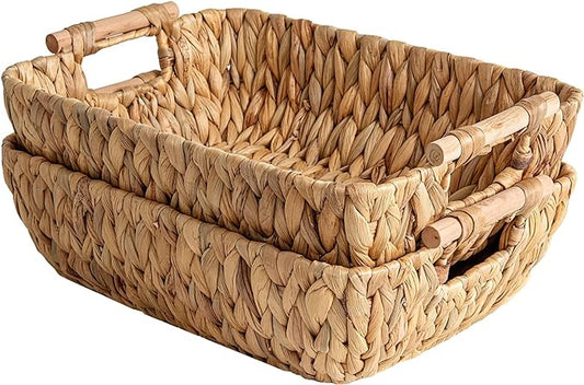 StorageWorks Hand-Woven Large Storage Baskets with Wooden Handles, Water Hyacinth Wicker Baskets for Organizing, 2-Pack