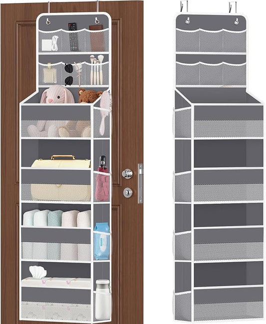 SpaceHacks 6-Tier Over the Door Organizer with Mesh Pockets, Baby Nursery Storage for Closet, Bathroom and Bedroom, Adjustable Hanging Closet Organizer for Cosmetics, Books and Essentials (Dark Grey)