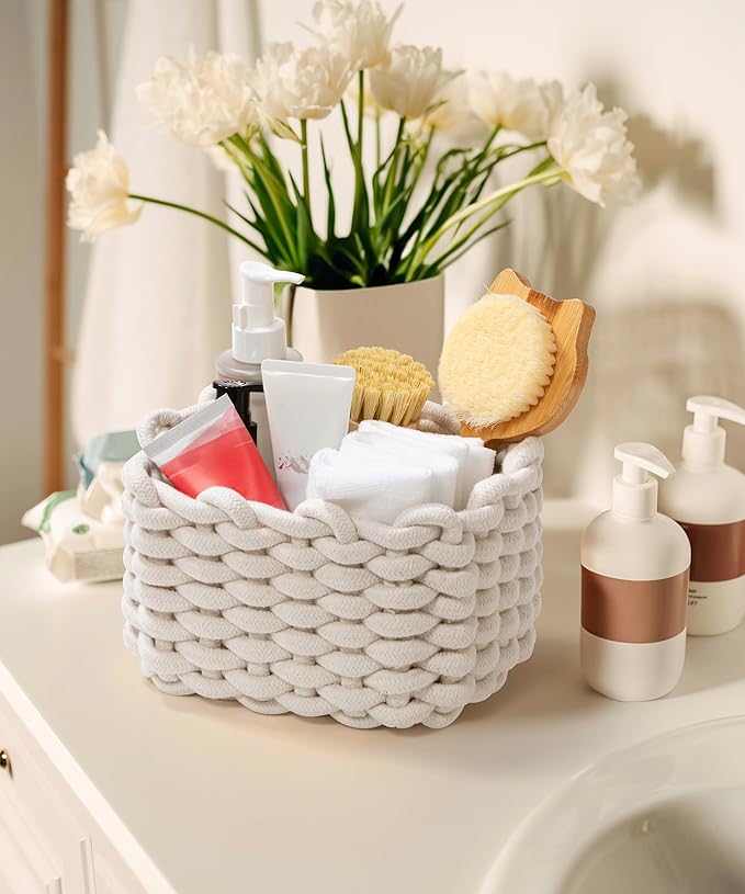 Small Macrame Woven Storage Baskets 2 Pack – Boho Cotton Rope Bins for Bathroom, Bedroom, Desk & Vanity Organizer – White & White, 7x5.5x5 Inches