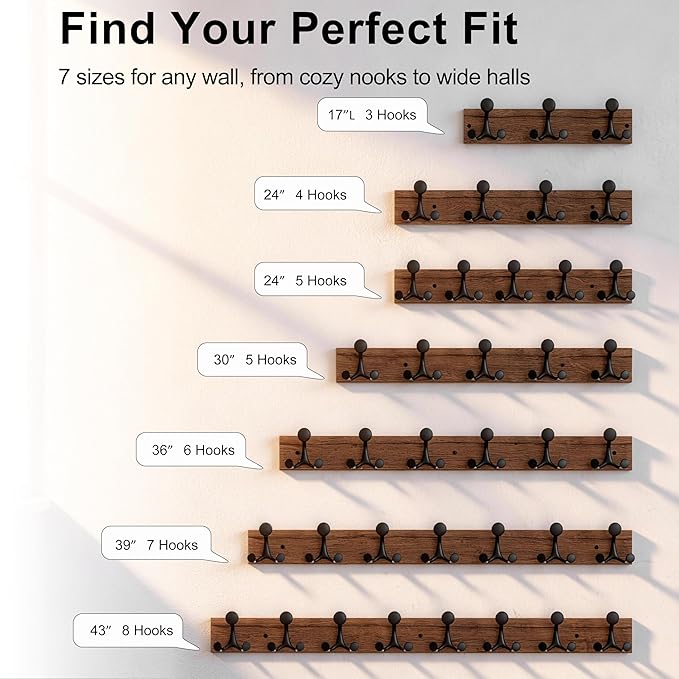 SKOLOO 24-Inch Wood Coat Rack Wall Mount with 4 Triple Hooks - Ideal for Family Entrances, Classrooms, and Pet Supplies Storage - Perfect Coat Hooks for Wall,Charred Golden Brown