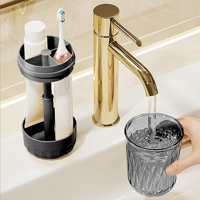 Toothbrush Holder with Tooth Brush Cups, Height Adjustable Electric Toothbrush Toothpaste Storage Stand, Countertop 3 Slots Organizer, Bathrooms Shower Accessories Storage Rack (Black)
