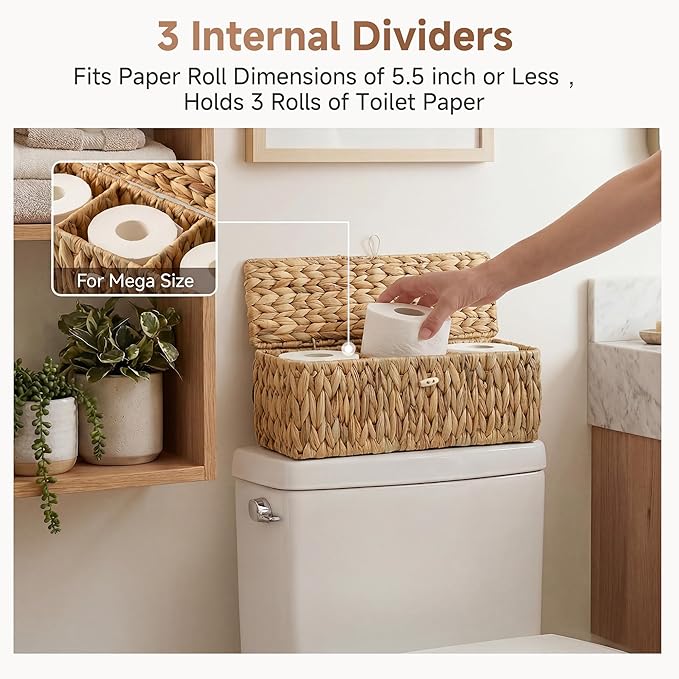 StorageWorks Toilet Paper Storage Basket with Lid, Large Wicker Baskets with 3 Compartments, Water Hyacinth Toilet Tank Basket for Shelves, Bathroom Organizer, 16½"x 5½"x 5½, 1-Pack