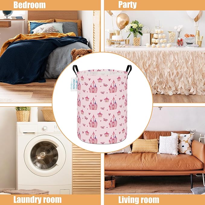 Girl Laundry Basket Canvas Fabric Collapsible Organizer Basket for Storage Bin Toy Bins Gift Baskets Bedroom Clothes Children Nursery Hamper (Pink Castle)