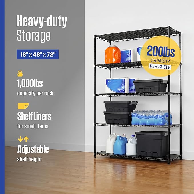 SafeRacks - NSF Certified Storage Shelves, Zinc, Heavy Duty Steel Wire Unit with Adjustable Feet, Garage or Bakers Rack, Kitchen, Pantry Shelf - (48"x18"x72" 5-Tier) (Black)