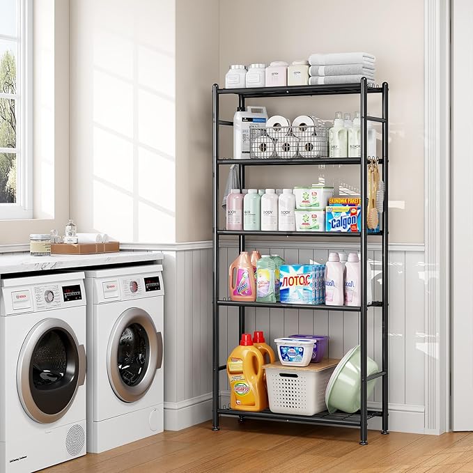 APEXCHASER Metal Shelving, 5-Tier Storage Shelves Large Capacity Steel Wire with Hooks, Adjustable Leveling Feet, Space-Saving Shelf Organizer for Pantry, Laundry, Kitchen (33''Lx12.6''Wx71.5''H)
