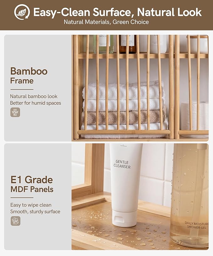 Afuly Bamboo Over the Toilet Storage Cabinet with Doors Bathroom Shelves Over Toilet Organizers and Storage, Above Toilet Shelf with Paper Holder, Phone Stand and Hooks, Space Saver (Natural)