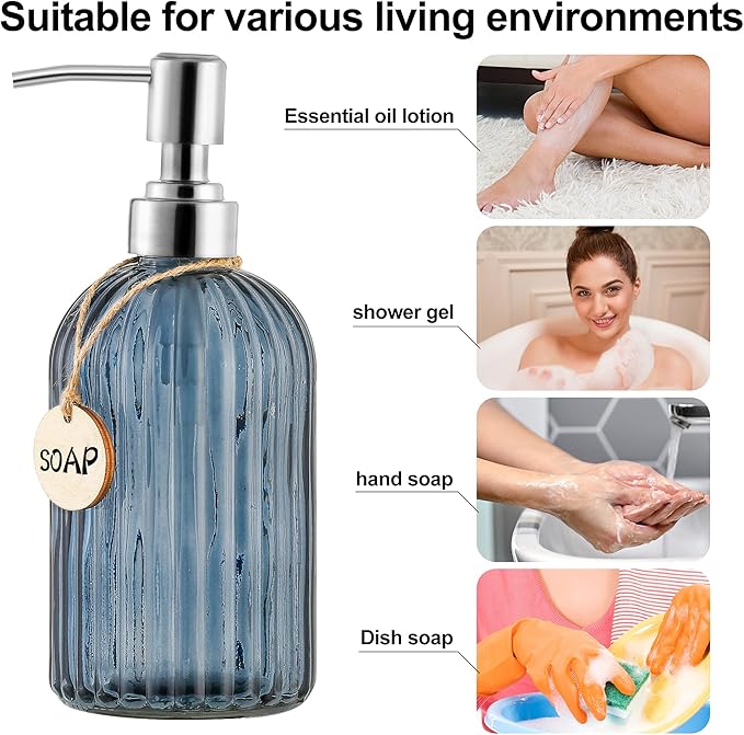 MOCLIF 16 OZ Soap Dispenser，Tempered Glass Clear Vertical Stripe with 304 Rust Proof Stainless Steel Pump Refillable Liquid Hand Soap Dispenser，for Bathroom, Kitchen, Dish Soap，Lotion (Blue Grey)