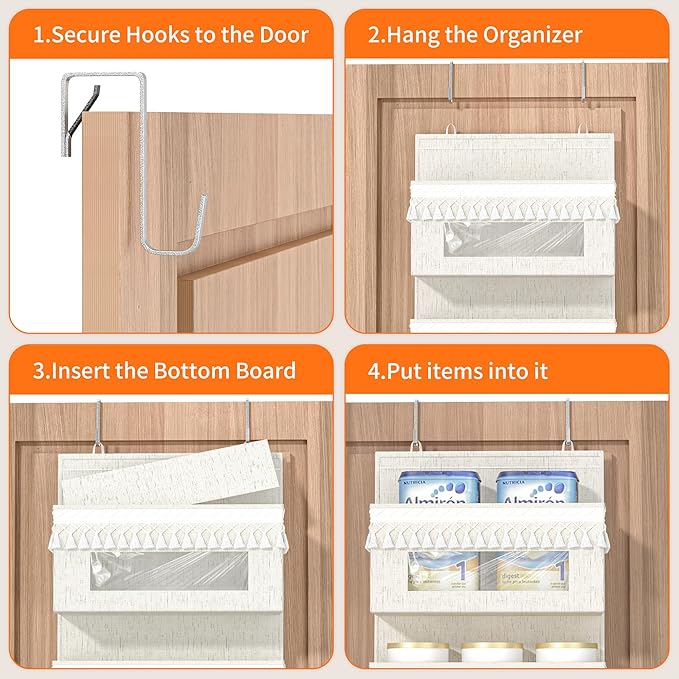Aokeyee 4 Tier Over The Door Organizer Storage Nursery, Boho Door Organizer Hanging with Tassels and Clear Window, 55lb Behind The Door Storage for Baby Nursery, Bedroom, Bathroom