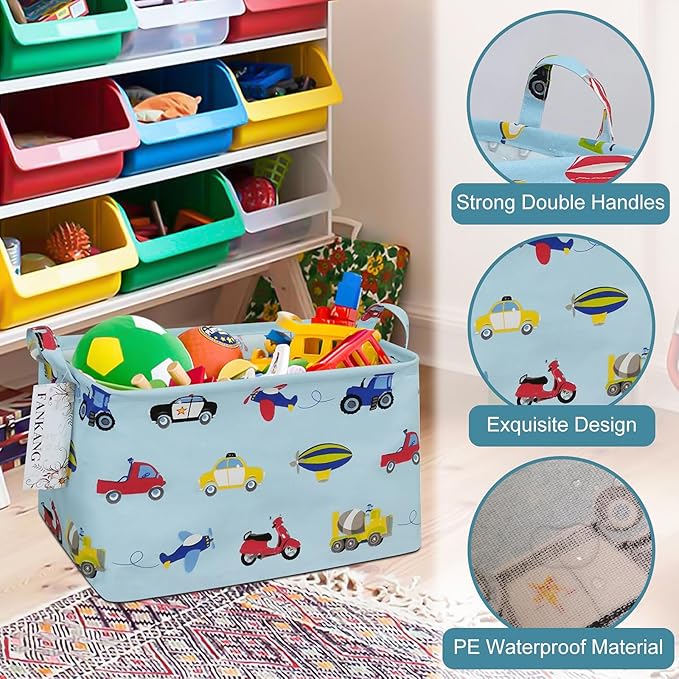 Storage Basket,Nursery Hamper Canvas Laundry Basket Foldable with Waterproof PE Coating Storage, Office, Bedroom, Clothes,Toys (Rec-Car)