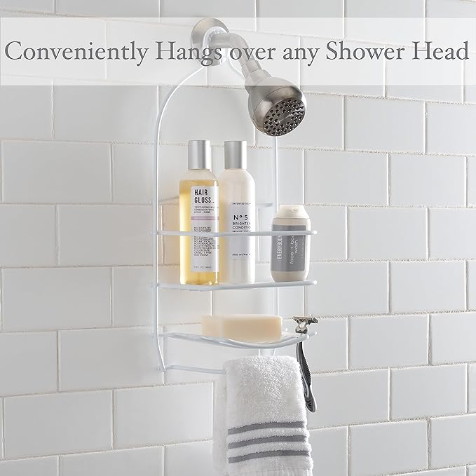 Bath Bliss Curve Design Shower Caddy | Over the Shower Head | Rust Proof | Bathroom Organization | Bath Organizer | 2 Tier | White
