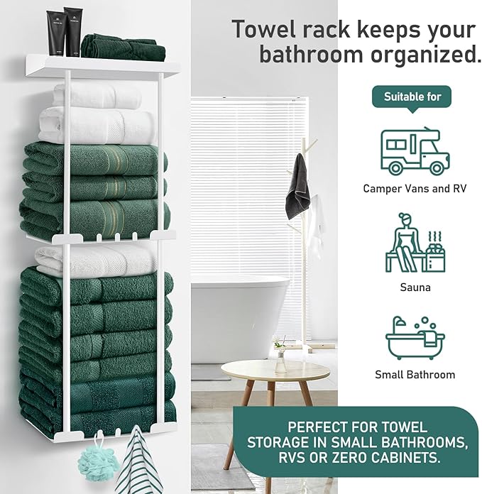 Hommtina Towel Rack Towel Storage for Bathroom,Towel Holder for Bathroom Wall Towels Organizer (White)