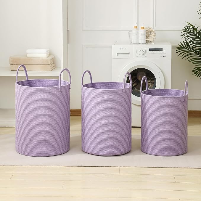 Laundry Basket Hamper Tall Rope Storage Woven for Blanket toys Dirty Clothes in Living Room Bathroom Bedroom (Purple, 100L/26.4Gal)