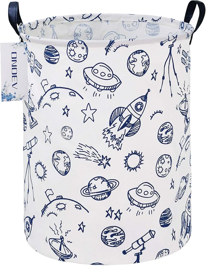 Round Space Rocket Laundry Basket, Collapsible Laundry Hamper for Boys, Cute Galaxy Solar System Storage Bin, Waterproof Toy Storage for Kids Room, Nursery, Playroom(Blue Planet)