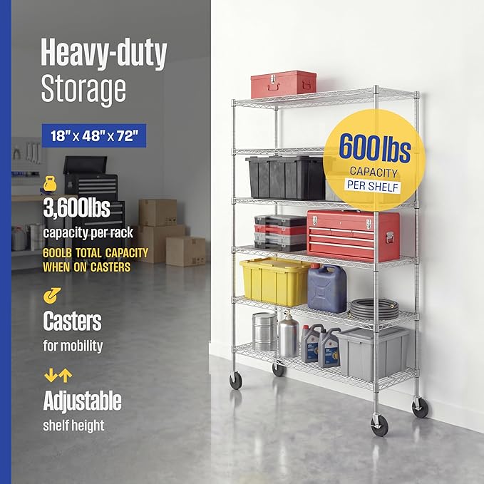 SafeRacks - NSF Certified Storage Shelves, Zinc, Heavy Duty Steel Wire Unit with Wheels and Adjustable Feet, Garage or Bakers Rack, Kitchen, Pantry Shelf - (18"x48"x72" 6-Tier) (Silver)