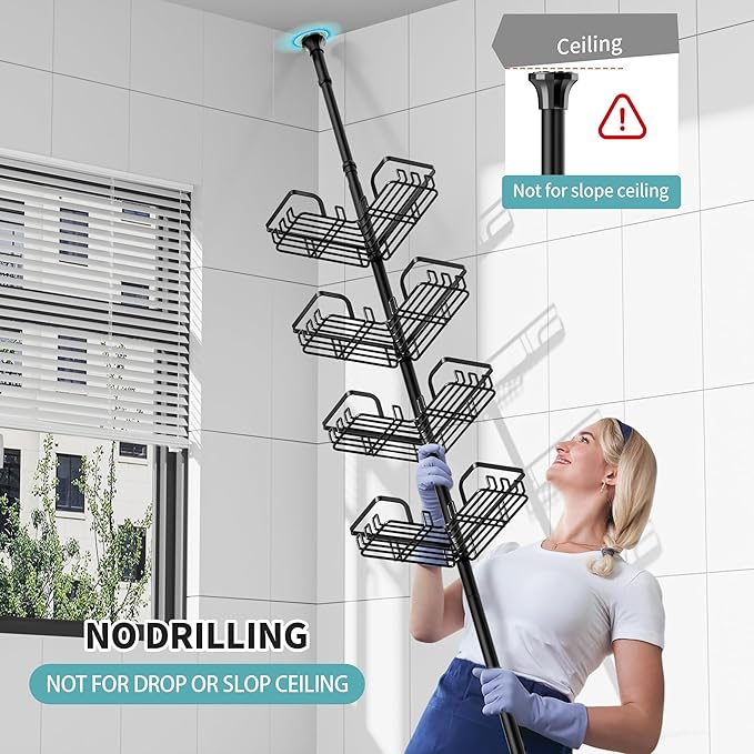 KEGII 2-in-1 Soap Holders x 2 & 32 Hooks Shower Caddy Tension Pole, Stainless Steel Adjustable Corner Shower Organizer for Bathroom, 25–114.2 Inches, Black