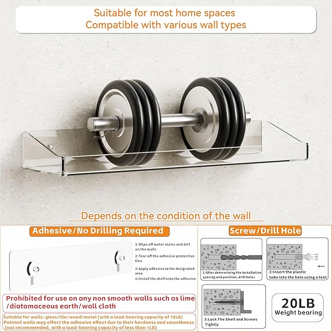 Yieach 6 Pack Shower Shelf for Inside Shower - No Drill Bathroom Adhesive Shower Shelves,Large 15" Clear Wall Mount Bath Organizer,Floating Clear Bathroom Shelves for Makeup,Perfume,Shampoo Holder