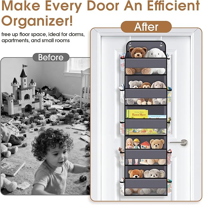 WISELIFE Over the Door Organizer Storage with 5 Large Pockets and Clear Windows, Hanging Organizer for Nursery Bedroom Bathroom Pantry Closet and Baby Essentials, Dark Grey