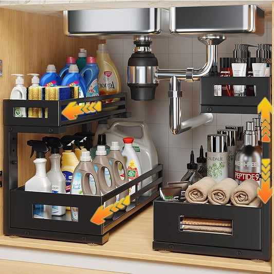 2-Pack 17"Deep Under Sink Organizer And Storage, 2-Tier L-Shaped Pull Out Cabinet Organizer with Upgraded Slide Rails, Height Adjustable Drawers for Kitchen&Bathroom, Extra-Large Storage Shelves–Black