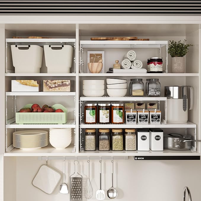 Jojocross Adjustable Stackable Metal Storage Shelf Organizer - Expandable Wire Rack with Perforations for Kitchen, Pantry, Bathroom, Cabinet & Office-Compact, Durable & Sturdy (1PACK/Medium/White)