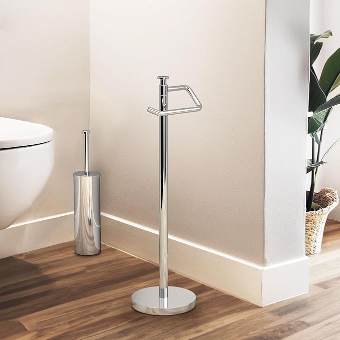 Gatco 1435C Freestanding Toilet Paper Holder, 23.68” H, Chrome | Toilet Tissue Roll Holder Stand With Weighted and Padded Base For Bathroom