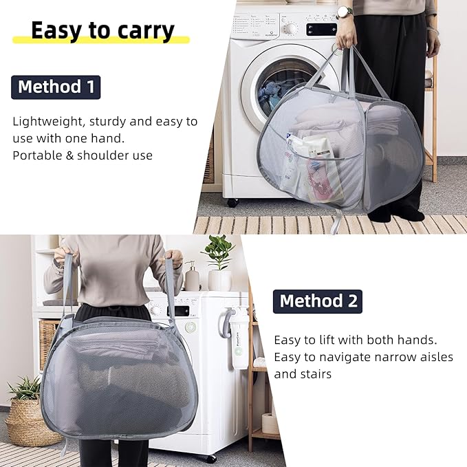 Collapsible Laundry Basket, 90L Foldable Pop Up Laundry Hamper with Handles, Mesh Dirty Clothes Hamper for Laundry, Bathroom, Kids Room, Dorm,Travel or Camping (Beige, 2PCS)