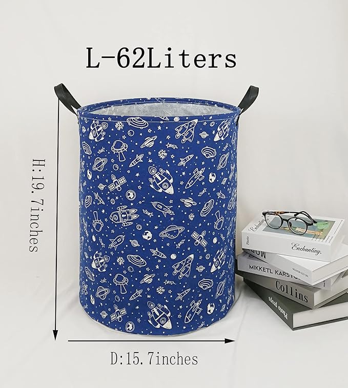 Kids Laundry Hamper Clothes Gift Basket Storage Laundry Baskets Organizer Bin with Handles for Nursery Room (Navy Spaceship)