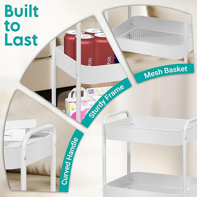 ZOES HOMEWARE 3 Tier Rolling Cart, Metal Utility Cart with 4 Hooks, Rolling Storage Cart on Wheels, Small Organizer Cart for Nursery, Kitchen, Living Room, Bathroom, White