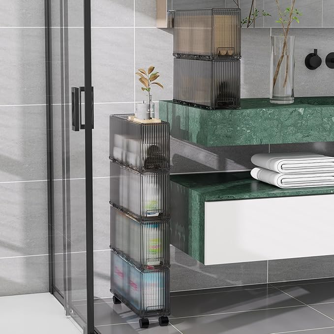 KHNR Slim 6 Tier Bathroom Storage Cabinet with Wheels, Narrow Gap Organizer Shelf, Tower for Shampoo, Towels, Toilet Paper Toiletries, Perfect for Bathroom Corner or Beside Toilet, Clear Grey