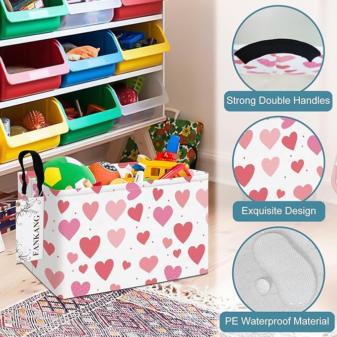 Storage Bins,Nursery Hamper Canvas Laundry Basket Foldable with Waterproof PE Coating Storage Baskets for Boys and Girls, Office, Bedroom, Clothes,Toys(Rec-Colorful hearts ）