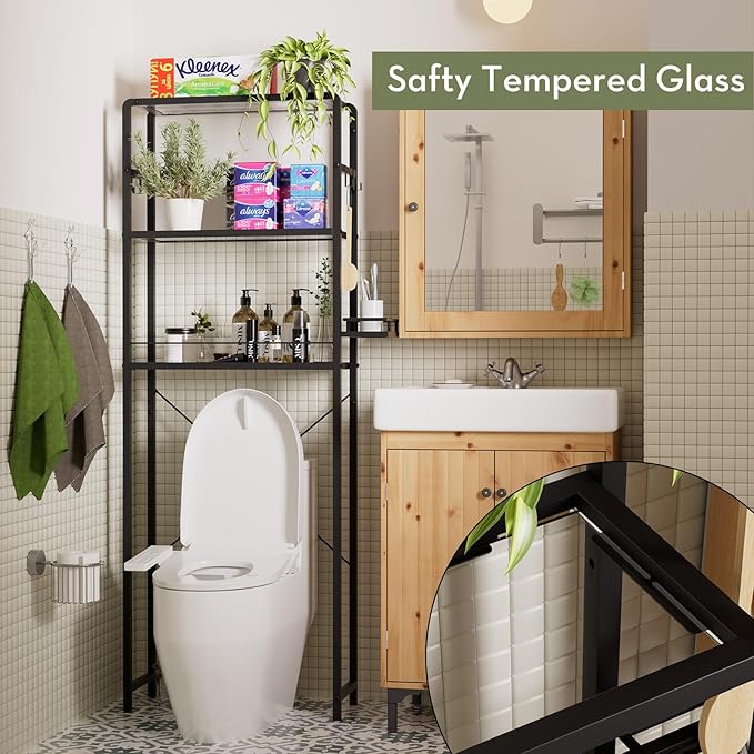 SAYGOER Glass Over The Toilet Storage Rack, 3-Tier Over-The-Toilet Storage, Adjustable Shelf Bathroom Organizer, Black Space Saving Shelves