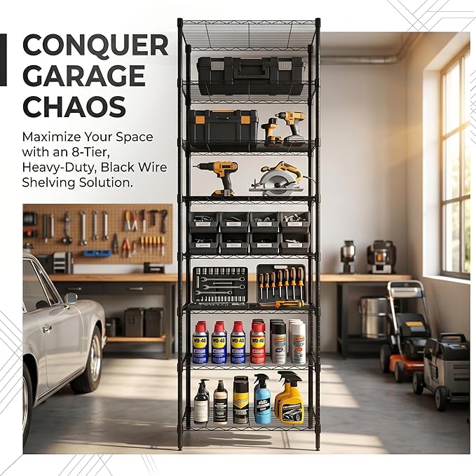 Finnhomy Heavy Duty 8 Tier Wire Shelving, 24x24x80.3 inches 8 Shelves Storage Rack with Thicken Steel Tube, Pantry Shelves for Storage, Adjustable Metal Shelving Unit, NSF Certified, Black