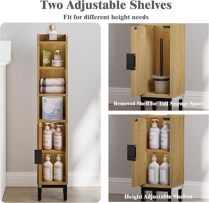 Narrow Bathroom Storage Cabinet, Corner Toilet Paper Floor Cabinet 5 Tiers with Door and Shelves,Bathroom Organizer with Adjustable Shelf, for Small Spaces (Oak)