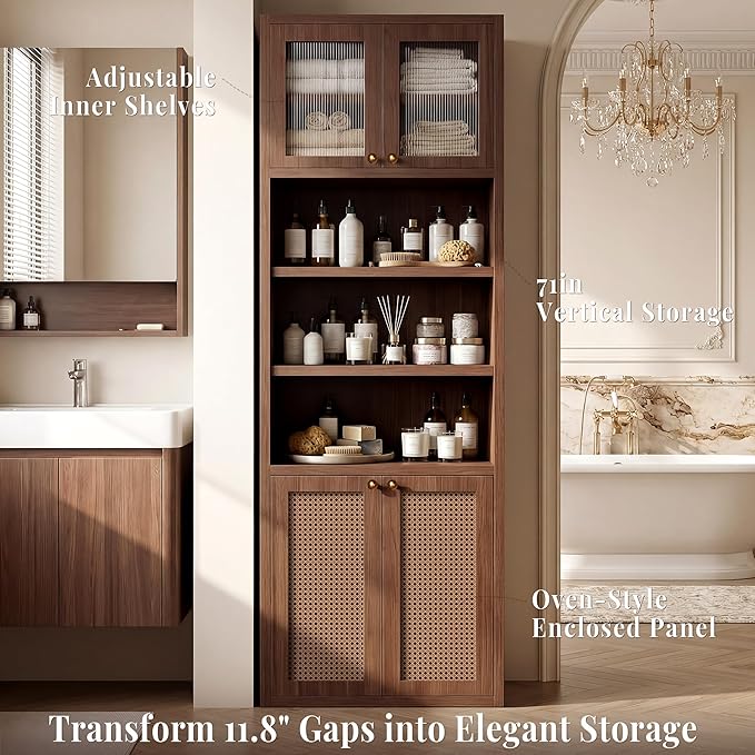 71.7" Tall Bathroom Storage Cabinet, Rattan Tall Freestanding Storage Cabinet with Doors, Adjustable Shelves and Anti-Tip Devices for Bathroom, Kitchen, Laundry Room, Walnut
