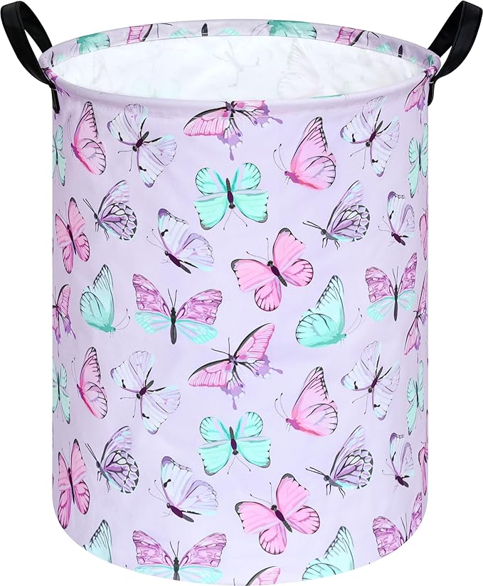 Kids Laundry Hamper Clothes Gift Basket Storage Laundry Baskets Organizer Bin with Handles for Nursery Room (Purple Butterfly)