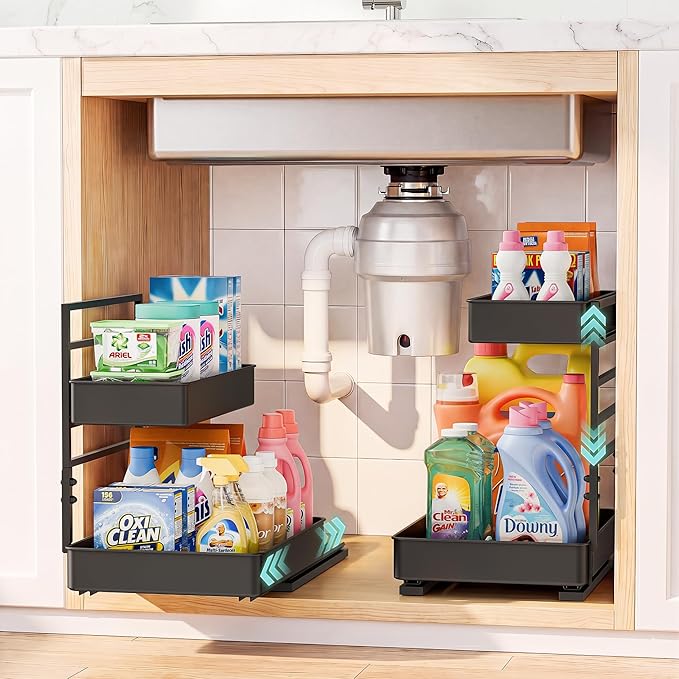 EVERIE Height Adjustable 2 Tier Metal Pull Out Slide Shelf Organizer for Under Sink Cabinets in Kitchen, Bathroom, with Snap-on Top Tray, 16" Deep (Black, 2 Sets) | Pull Out, Slide Shelf