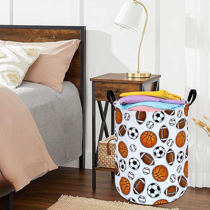 Round Colorful Basketballs Pattern Laundry Hamper Storage Basket Fabric Material Storage Hamper Organization Basket, Storage Bin, Gift Box with Handles for Room