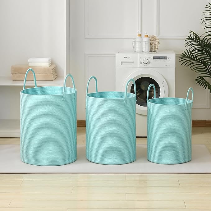 Laundry Basket Hamper Tall Rope Storage Woven for Blanket toys Dirty Clothes in Living Room Bathroom Bedroom (Cyan, 80L/21.3Gal)