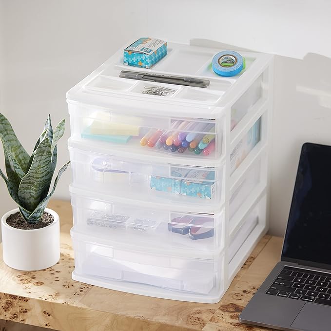 Gracious Living 4 Drawer Desktop & Countertop Organizer w/Organization Lid for Craft Storage, Office Supplies & School Supplies, White/Clear (4 Pack)