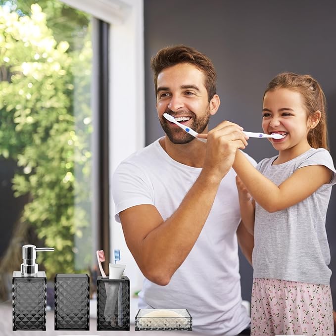 Bathroom Accessory Set, 4 PCS Grey Bathroom Accessories Set, Soap Dispenser and Toothbrush Holder Set, Soap Dish and Mouthwash Cup, Boho Bathroom Decor, Plastic Bathroom Sets Accessories