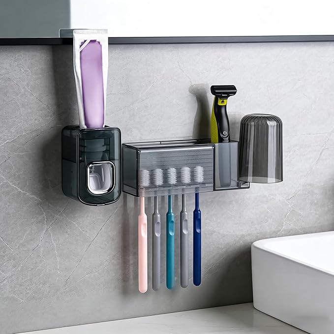 5 Slots Wall Mount Toothbrush Holder with Cover, Self Adhesive Toothbrush Storage Organizer for Shower, Toothbrush Cup Hanger with Automatic Toothpaste Squeezer Dispenser