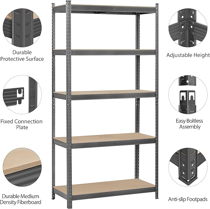 Topeakmart 5-Tier Garage Storage Shelving Unit Adjustable Metal Shelves Heavy Duty Utility Shelves Storage Racks-Dark Gray, 35.5 x 16 x 71 Inch
