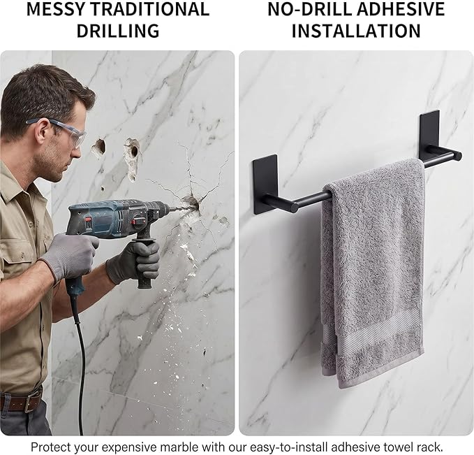 Adhesive Bath Towel Bar 24-inch Black, No Drill Stick On Towel Rack, Easy Install with Self-Adhesive, Premium SUS304 Stainless Steel (Black, 24)
