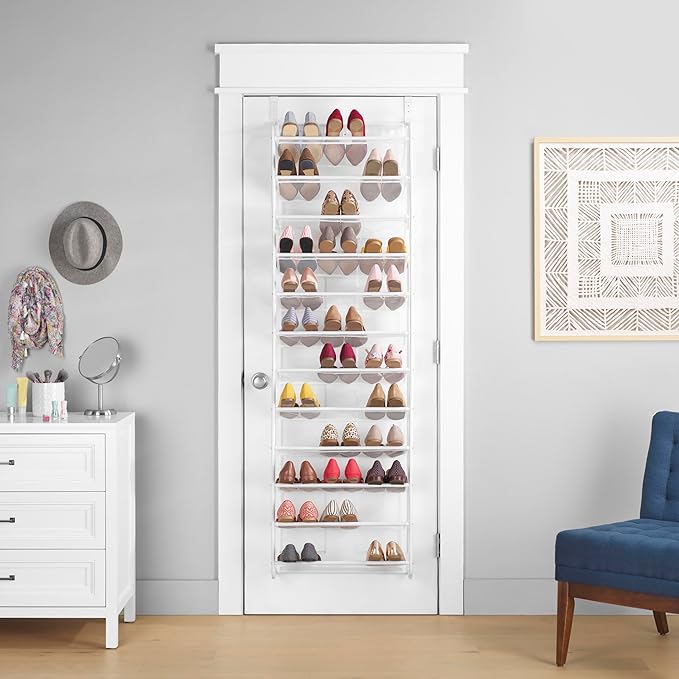 Whitmor 36 Pair Over the Door Shoe Organizer, 12 Tier Hanging Shoe Organizer, Heavy Duty Metal & Mesh Shoe Holder, Hanging Shoe Rack for Closet Organizer & Storage, 74"L x 21.7"W x 7.5"H, White