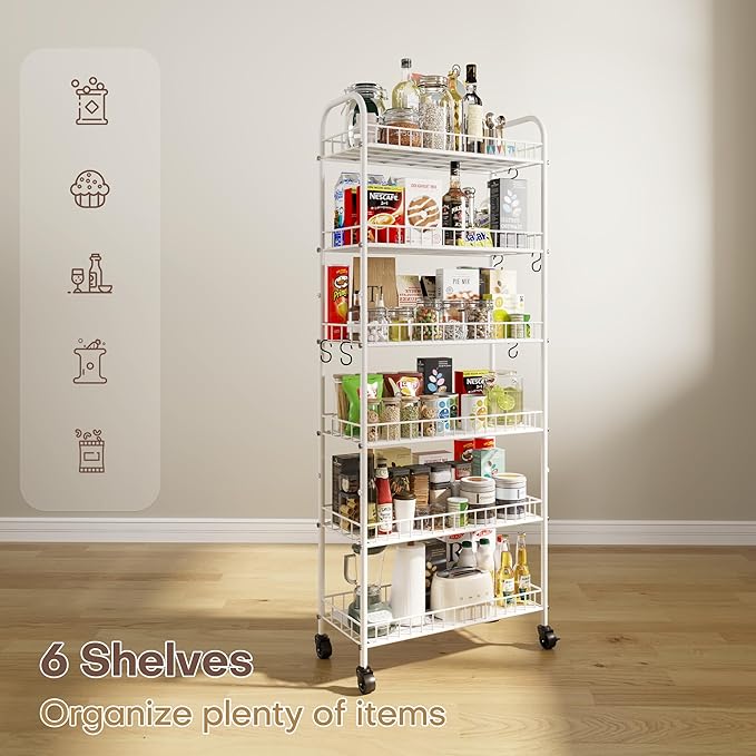 6 Tier Slim Rolling Storage Cart with Wheels, Metal Mobile Shelving Unit Organizer Utility Cart for Office Bathroom Kitchen Laundry Room Narrow Places (White 10 Inches)