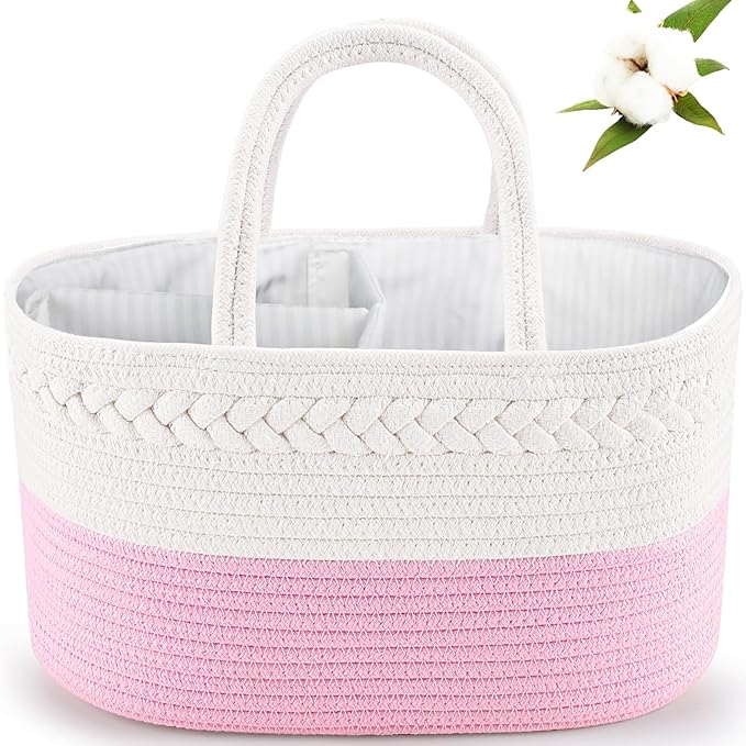 ABenkle Diaper Caddy Organizer, Boho Rustic Cotton Rope Nursery Baby Basket, Changing Table Organizer for Baby Diaper Storage and Baby Shower